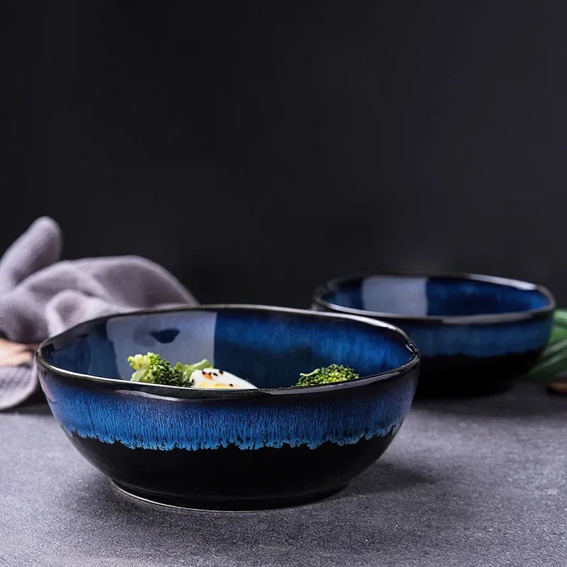 Bone China Bowl Irregular Japanese-Inspired Shape With Soft Flared Rim — Blue | KIMLUD