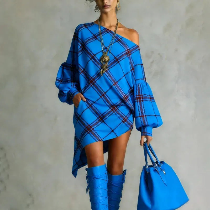 Polyester One Shoulder Dresses Plaid Mini — Multicolor | KIMLUD