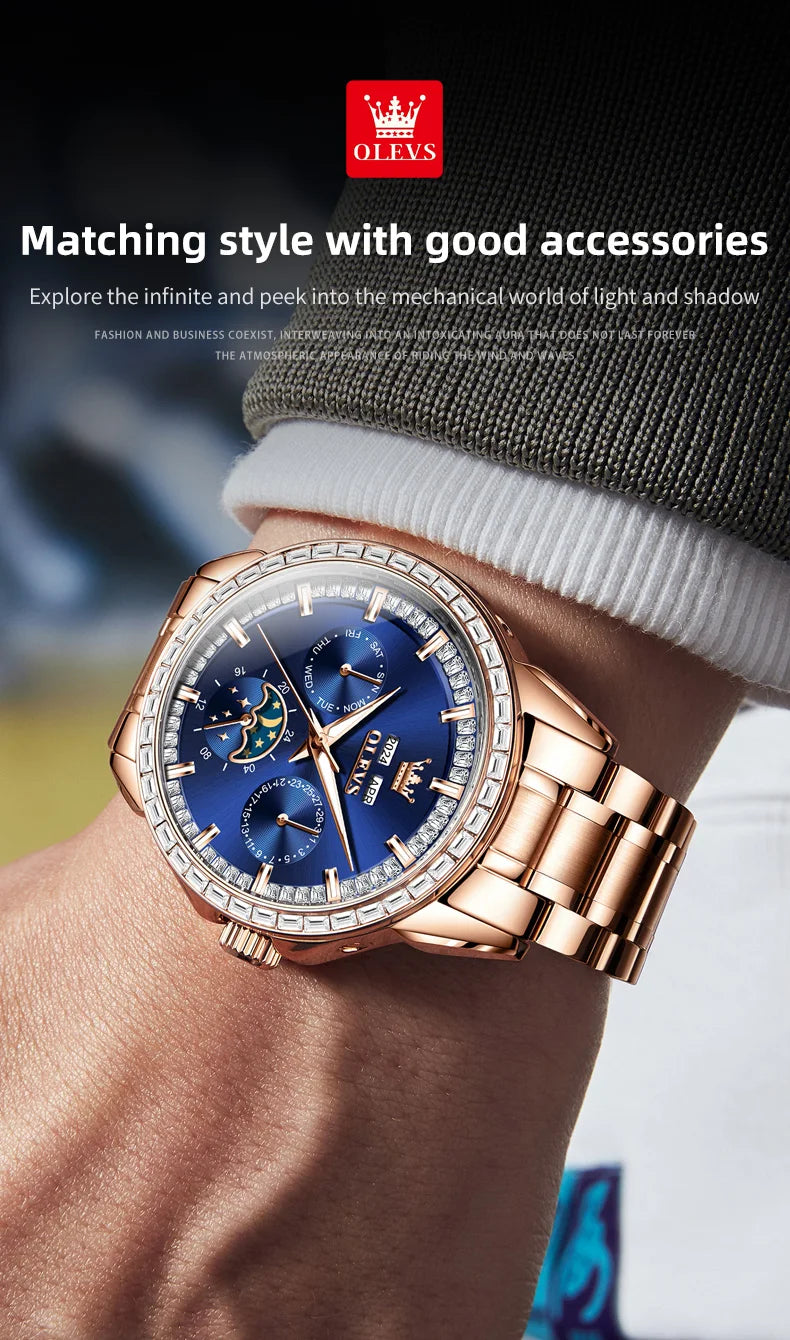 Rose-Gold Moon Phase Diamond Bezel Watch — Black | KIMLUD