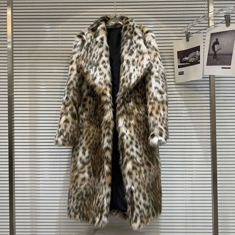KIMLUD, Luxury Long Faux Fur Coats Lapel Women Fur Coat Winter Warm Mink Coat New Leopard Eco-hair Hottie Long Casual Trench Coat Trend, KIMLUD Womens Clothes