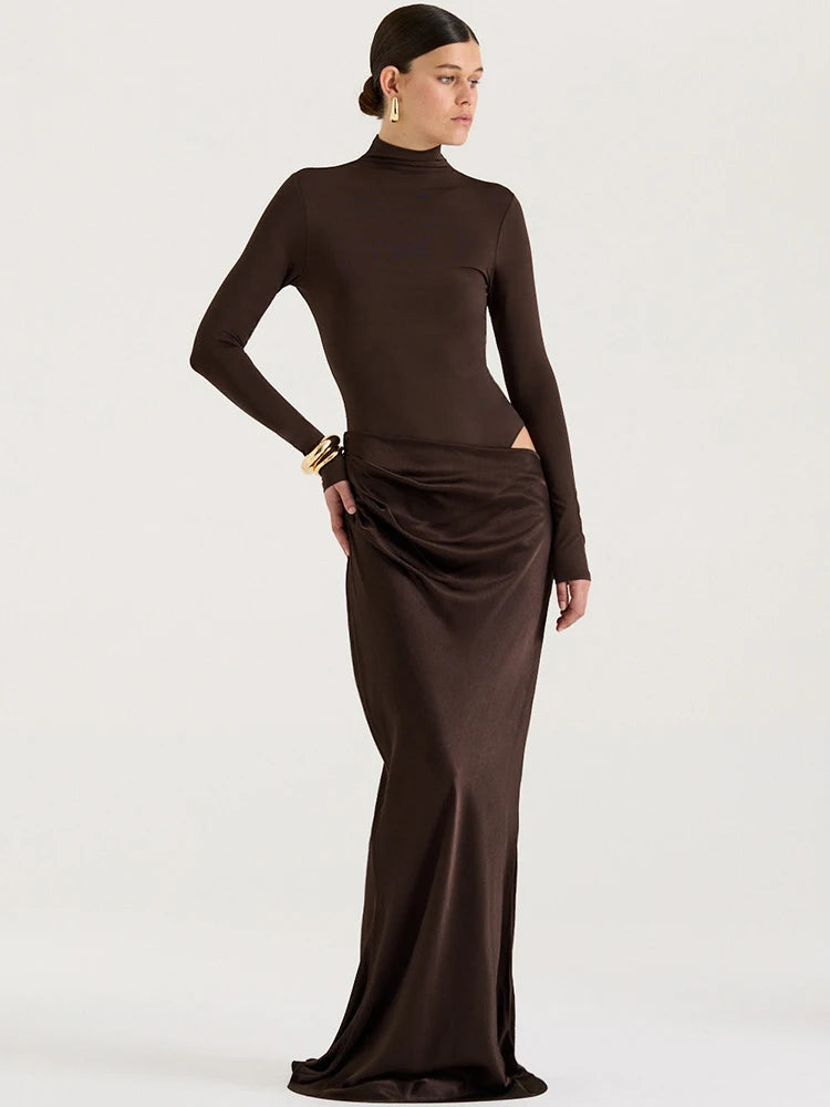 Mozision Autumn Long Sleeve Sexy Maxi Dress Women Fashion Hollow Out Turtleneck Ruched Bodycon Club Party Long Dresses Female