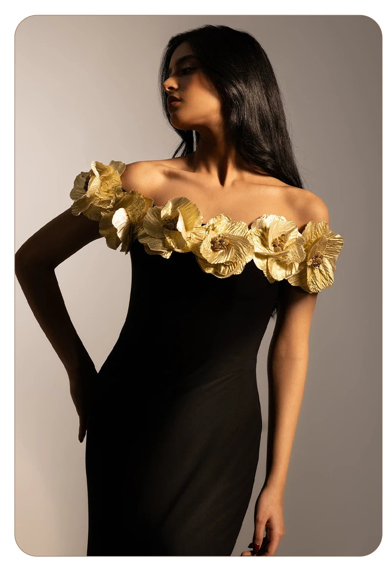 VC Elegant Fashion Off-Shoulder Black Maxi Dress with Golden Floral Embellishments Party Evening Gown