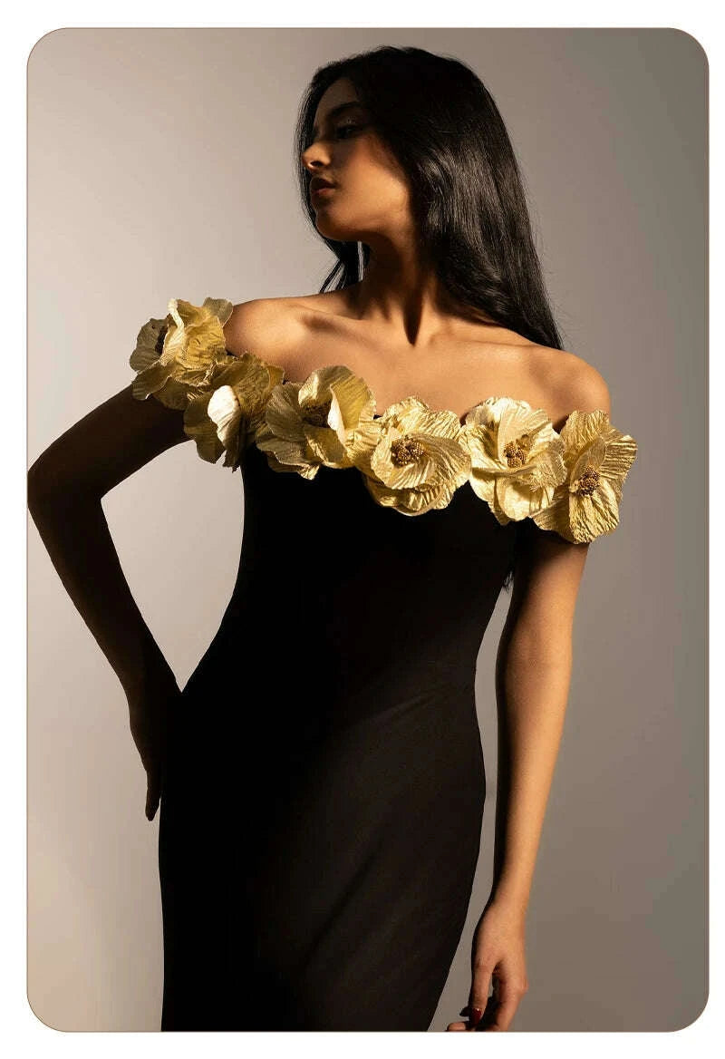 KIMLUD, VC Elegant Fashion Off-Shoulder Black Maxi Dress with Golden Floral Embellishments Party Evening Gown, KIMLUD Womens Clothes
