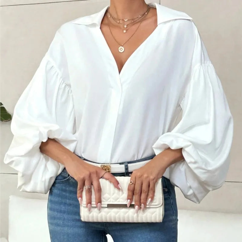 Boho Puff Sleeve Polka Dot Blouse — White | KIMLUD