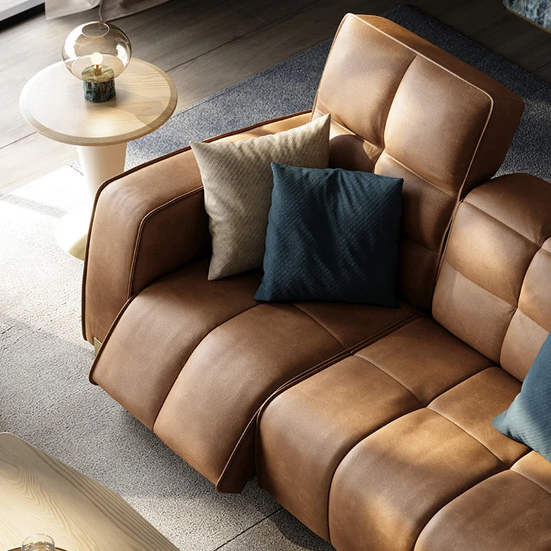 Leather Minimalist Sofa Bed Multifunctional Design Premium Italian Leather — Caramel | KIMLUD