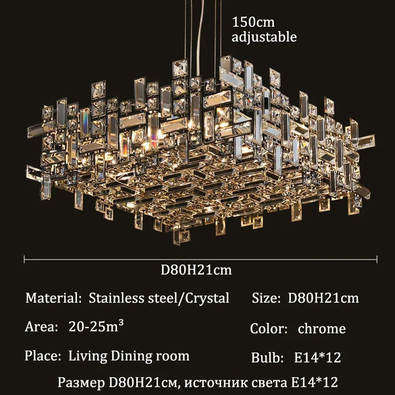 Postmodern light luxury square chrome crystal LED pendant light for living room dining room indoor home decoration E14 fixtures