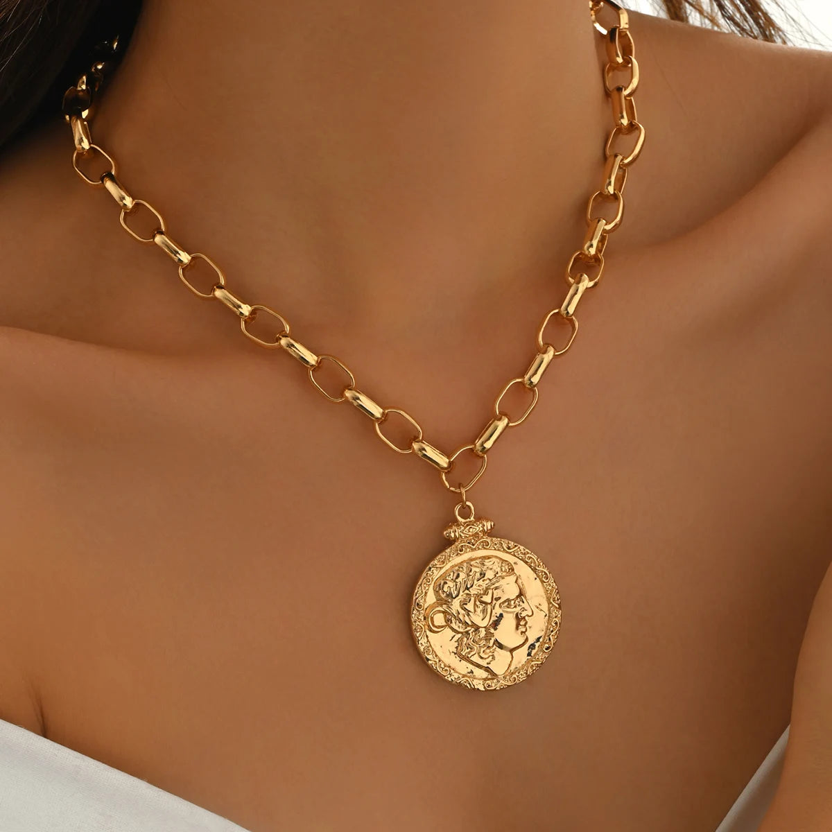 Gold Tone Coin Pendant Necklace - Gold Tone | KIMLUD