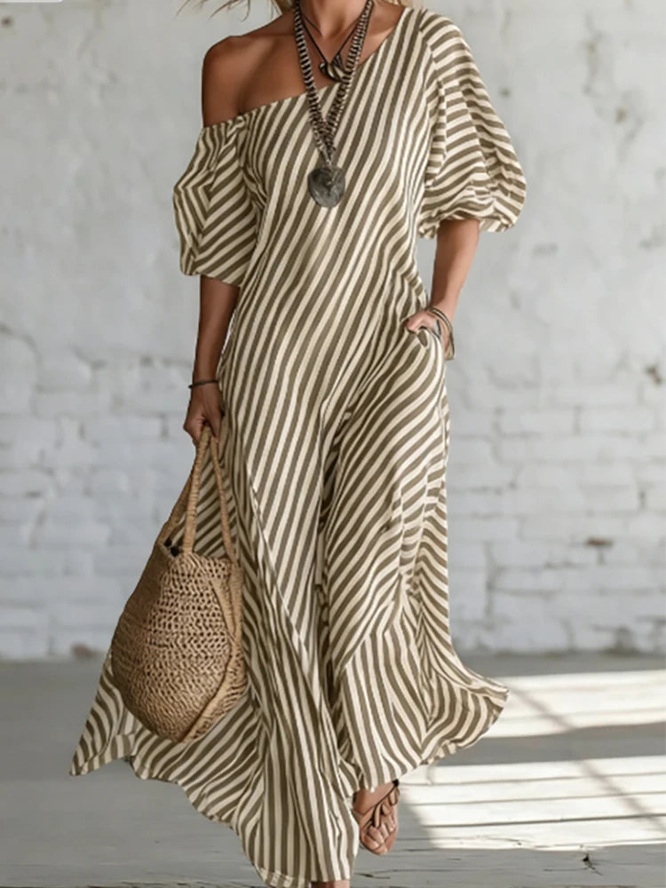 Single-Shoulder Bubble-Sleeve Dress Striped Print Loose-Fit — Black And White | KIMLUD