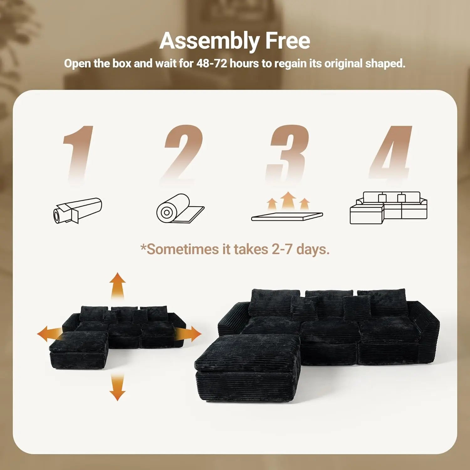 Corduroy L-Shaped Modular Sofa 108-Inch — Charcoal | KIMLUD