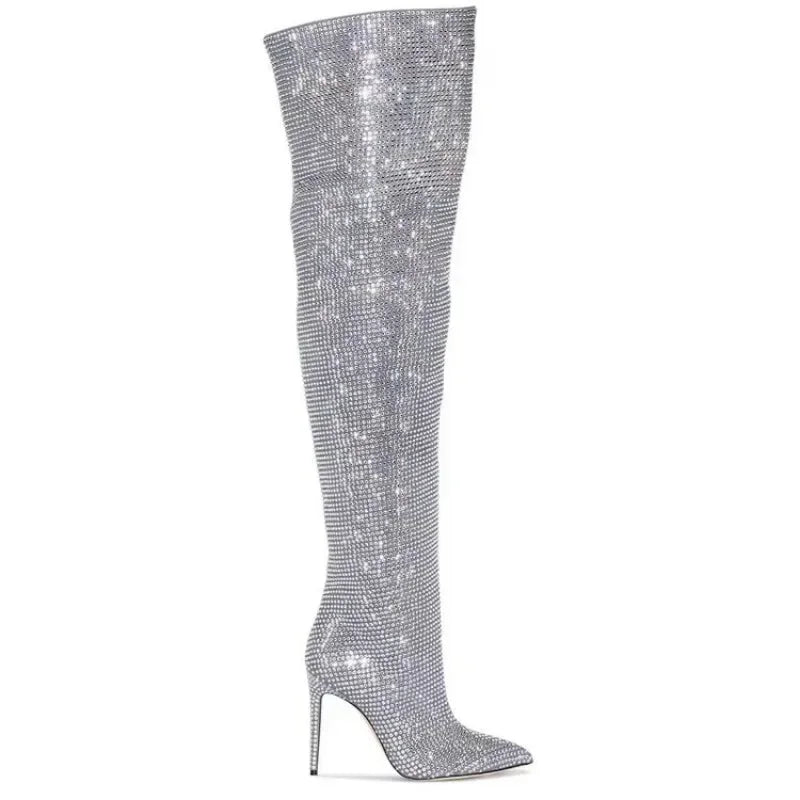High quality European and American knee length rhinestone pile boots for women's sexy slim high heeled pointed runway boots