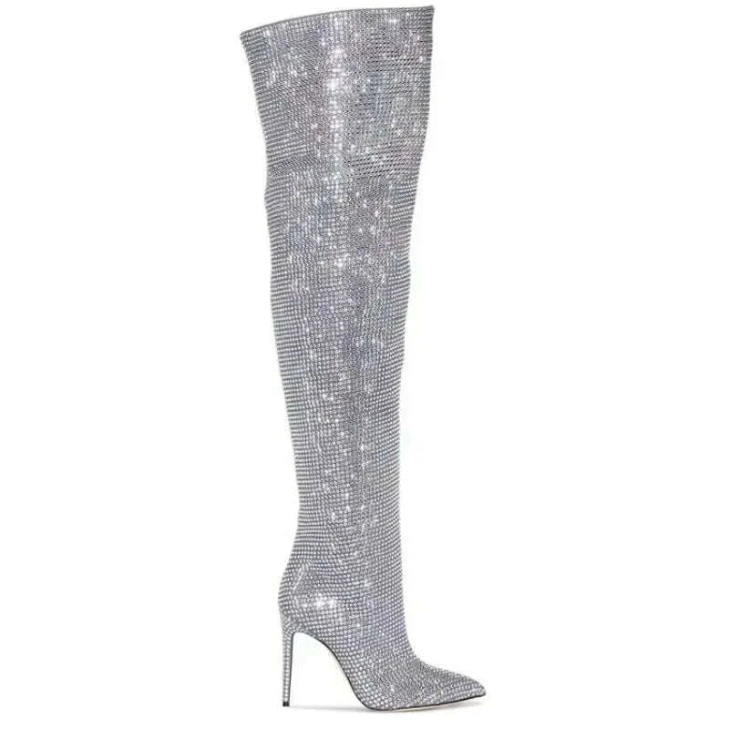 KIMLUD, High quality European and American knee length rhinestone pile boots for women's sexy slim high heeled pointed runway boots, KIMLUD Womens Clothes