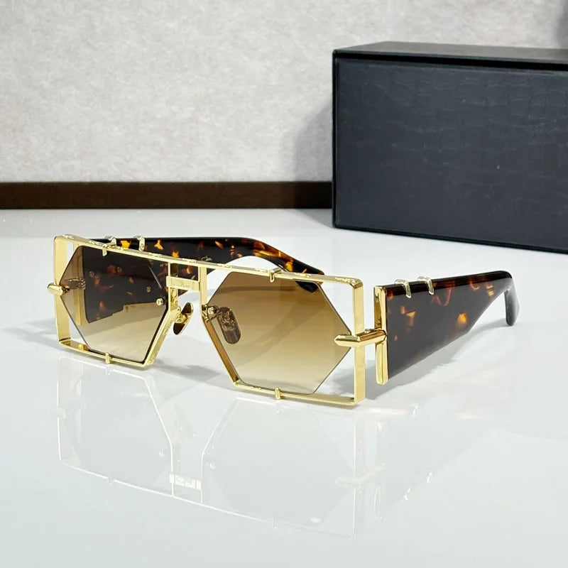Metal Hexagon Sunglasses With Acetate Frame — Tortoiseshell Brown | KIMLUD