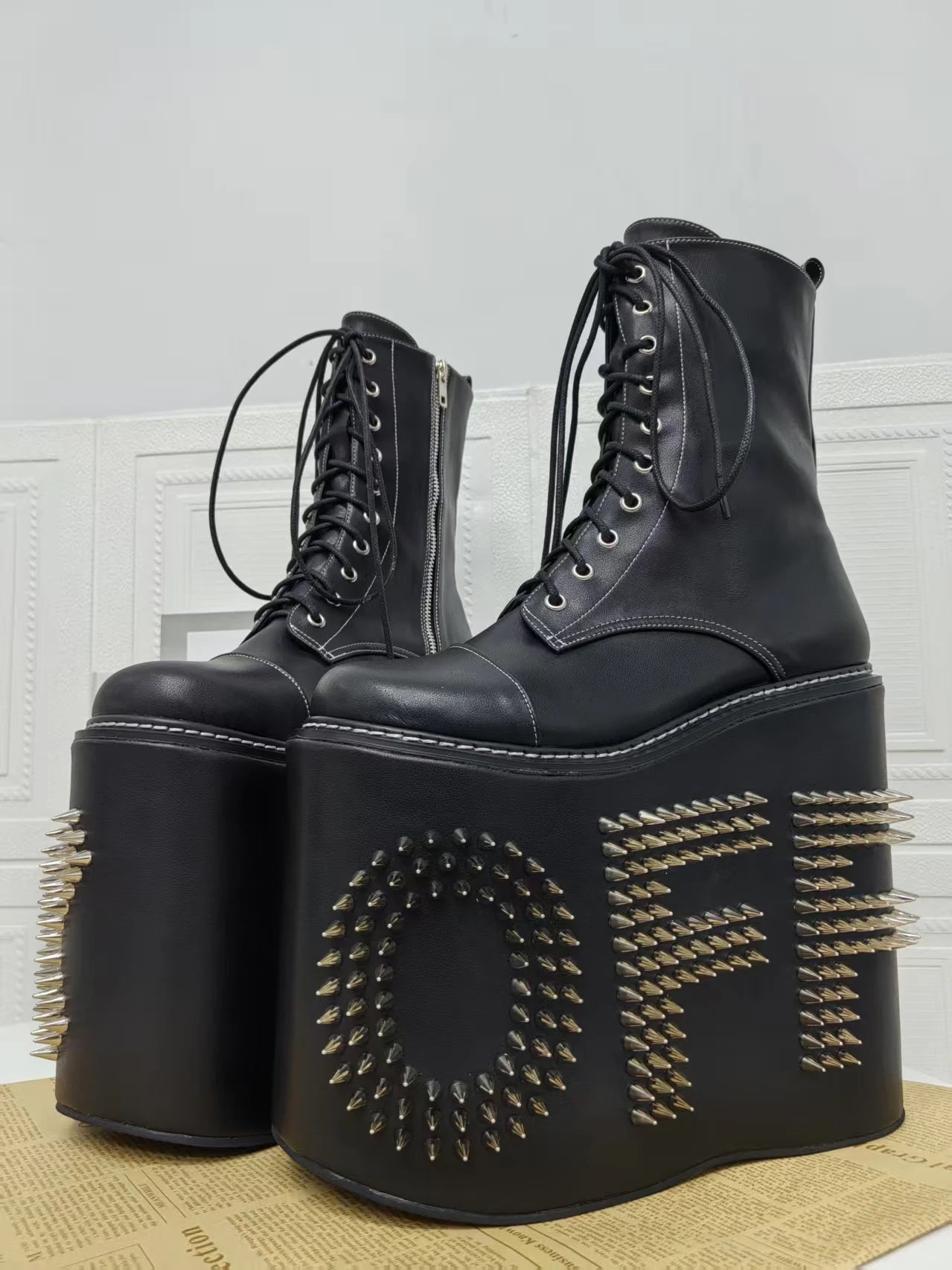 Women Motorcycle Boots women super high thick Heels pumps Cool Lady knight customized boots girl punk Gothic long boots rivets