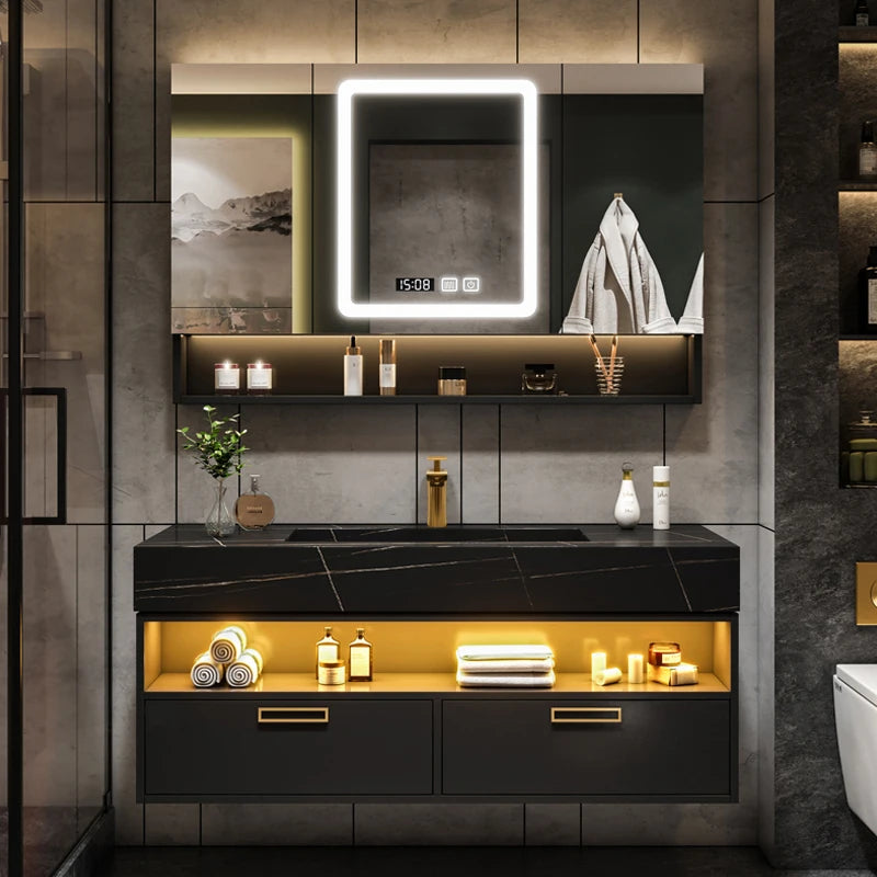 Solid Wood Vanity Cabinet With Sink and Mirror — Gray | KIMLUD