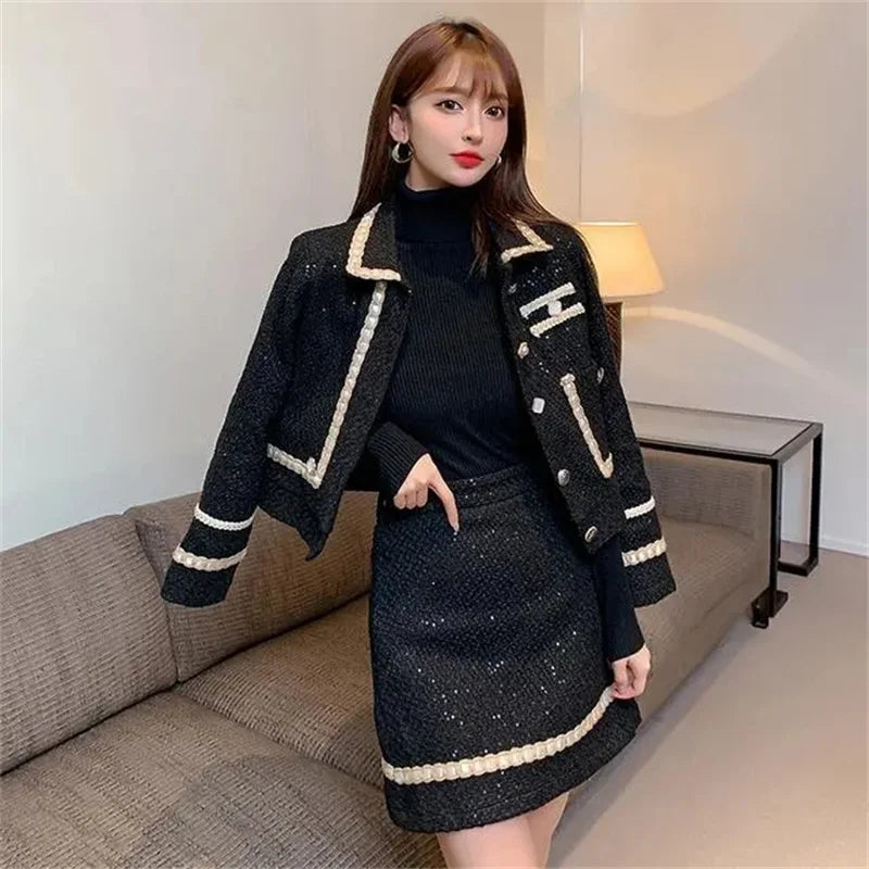 Two Piece Wool Jacket and Mini Skirt Set – Xiaoxiang Style – Wool | KIMLUD