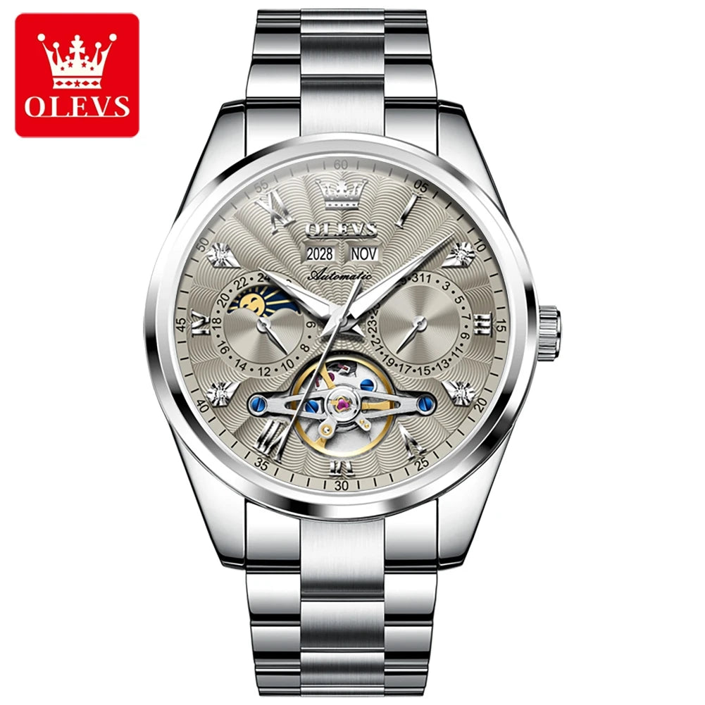 OLEVS Men's Watches Tourbillon Style Trend Fashion Original Automatic Mechanical Wristwatch Waterpoorf Luminous Moon Phase Clock