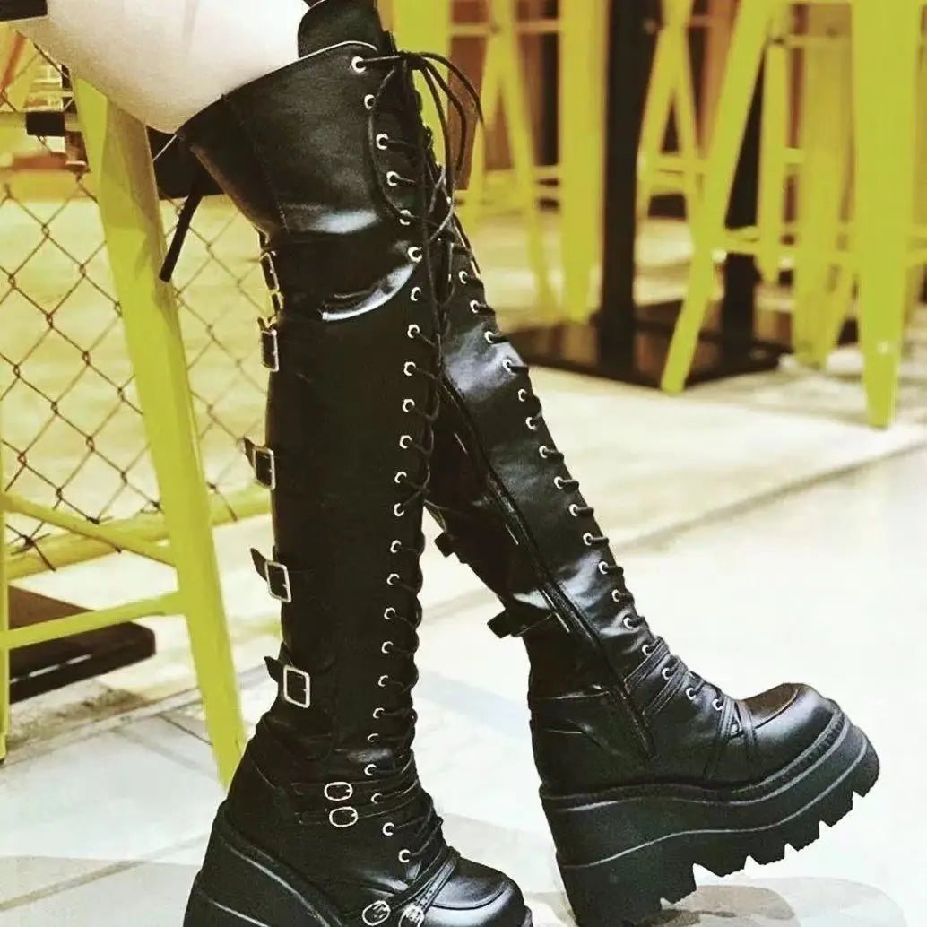 Fashion High Boots Women Platform Wedges Motorcycle Boot Over The Knee Army Stripper Heels Black Lace-up Belt Buckle Long Boots