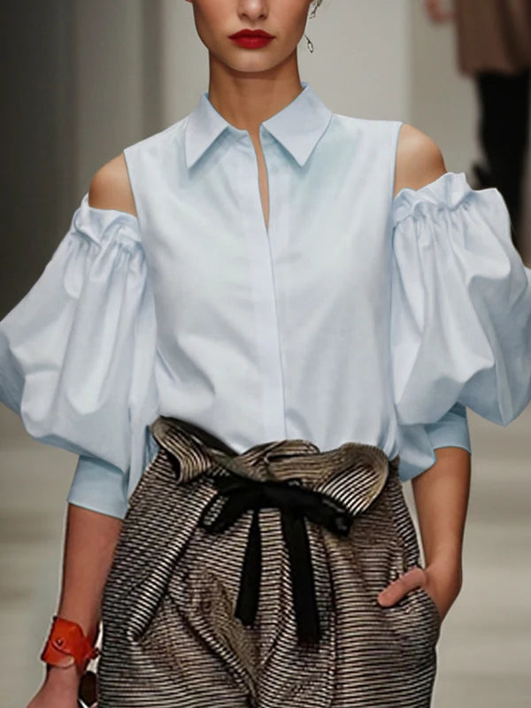 Blouse – Cold Shoulder Lapel – Puff Sleeve – Loose Fit | KIMLUD