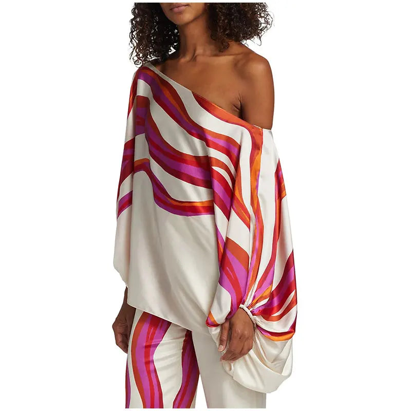Satin Print Pajama Set Off-Shoulder Slash-Neck Top Long Pants — White | KIMLUD
