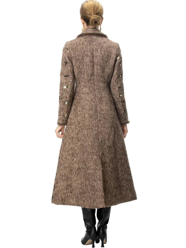 IEQJ Fashion Autumn Winter Woolen Coat Women Turn-Down Collar Fur EdgeDouble Breasted Long Sleeves Sequins Slim Blends Coat New