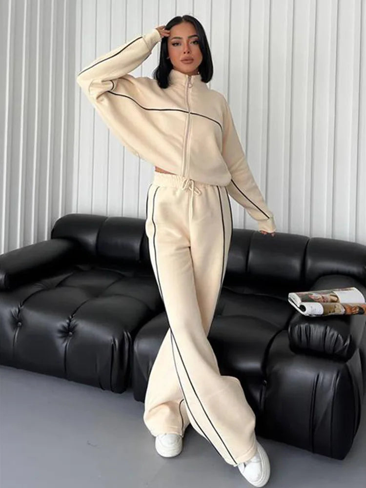 Cotton-Polyester Knit Cardigan Set With Tailored Wide-Leg Trousers — Cream | KIMLUD