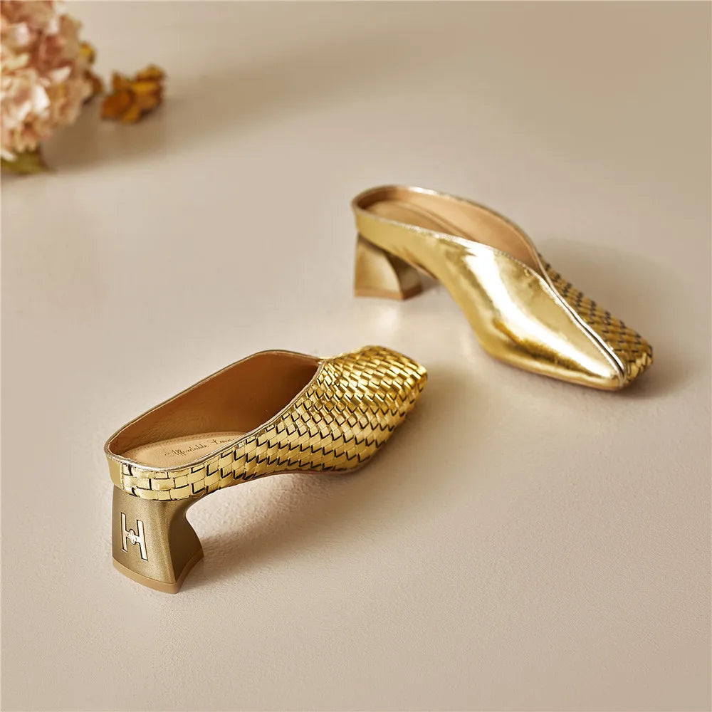 Metallic Cow Leather Slip-On Heels — Gold | KIMLUD