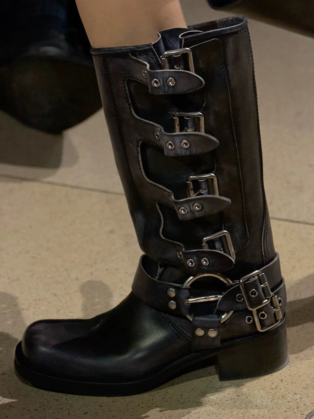 Knee-High Western Boots – Platform Rivet Belt Buckle – Genuine Leather | KIMLUD