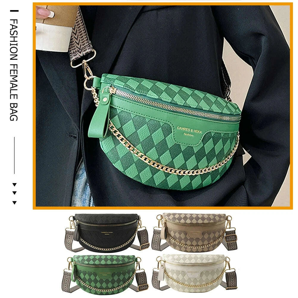 KIMLUD, Rhombic Lattice Female Sling Waist Pack Fashion Chain Sports Satchel Casual PU Leather Portable Wide Strap for Weekend Vacation, KIMLUD Womens Clothes