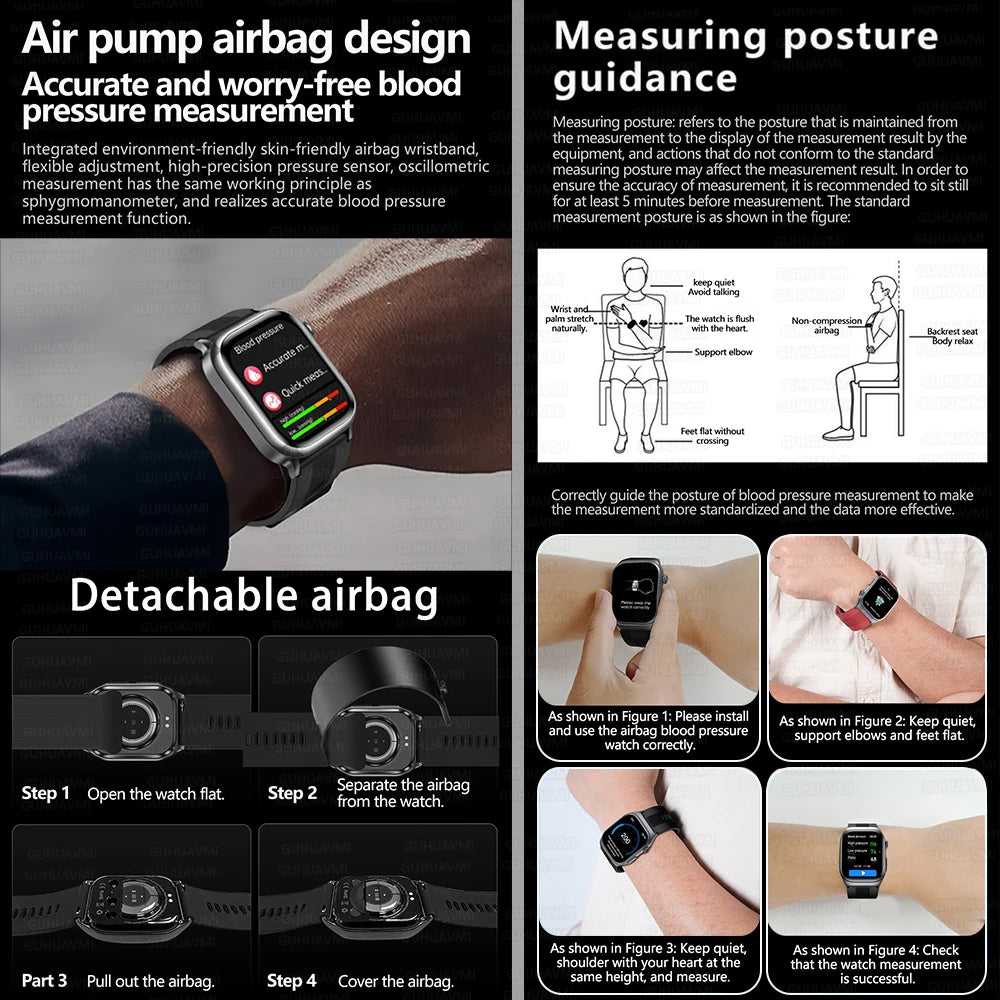 2025New Upgrade Air pump airbag Accurate Blood Pressure Measure Smart Watch ECG+HRV lipids Uric acid AI Diagnosis Smartwatch NFC