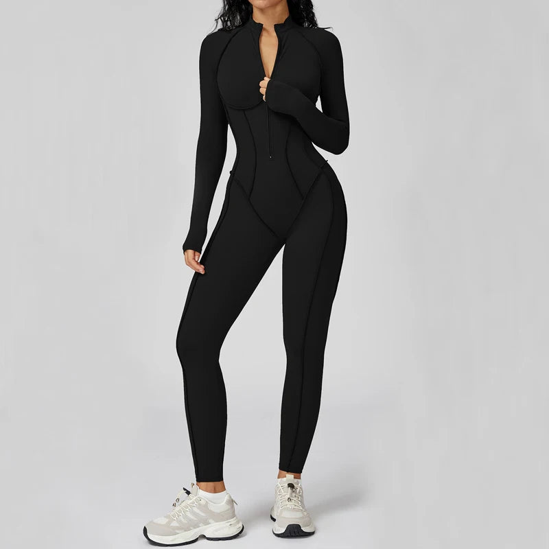 Women Running Romper – Built-In Bra Zip Front – Nylon One Piece | KIMLUD