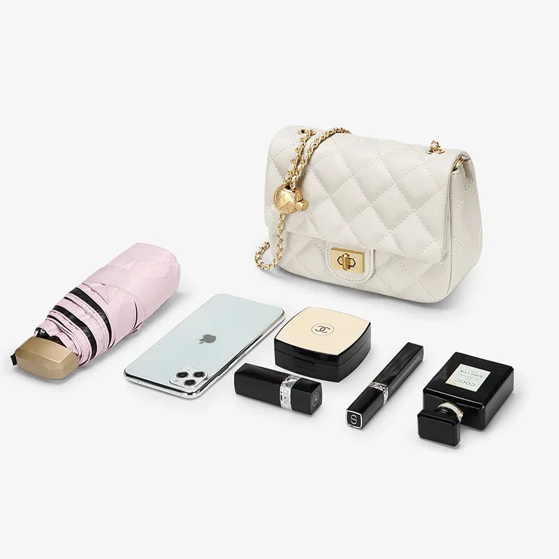 Leather Chain Crossbody Bag With Structured Small Square Silhouette And Polished Hardware — Black | KIMLUD