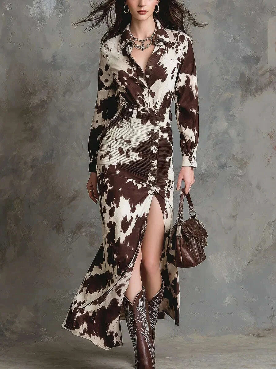 KIMLUD, Autumn women's long sleeved casual style polyester material 2025 new fashionable lapel printed high waisted dress, KIMLUD Womens Clothes