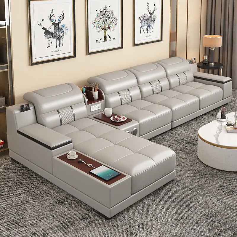 Genuine Italian Leather Sofa L-Shaped With Cup Holders USB Bluetooth — Light Gray | KIMLUD