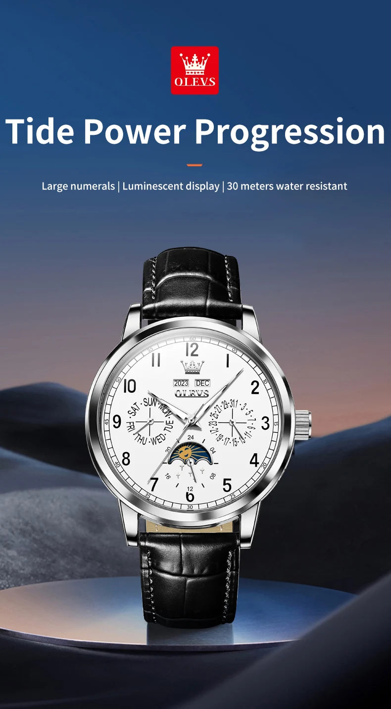 Leather Dress Watch Moon Phase Automatic — Black | KIMLUD