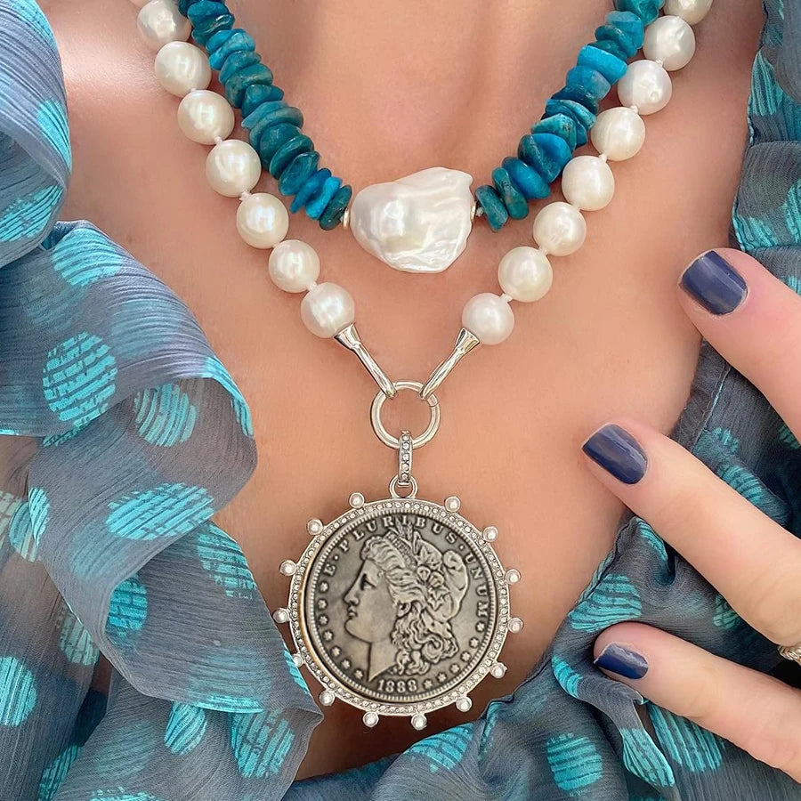 Pendant Necklace – Vintage Horse Coin Pendant – Pearl | KIMLUD