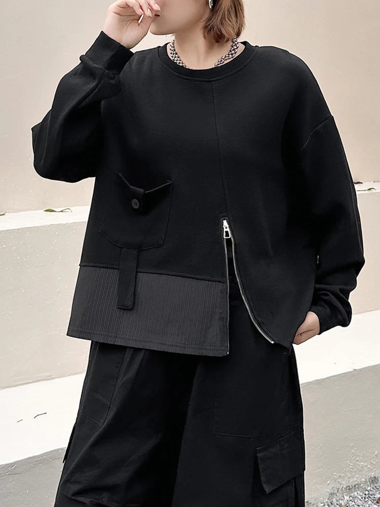Sweatshirt - Pocket Zipper - Jersey - Black | KIMLUD