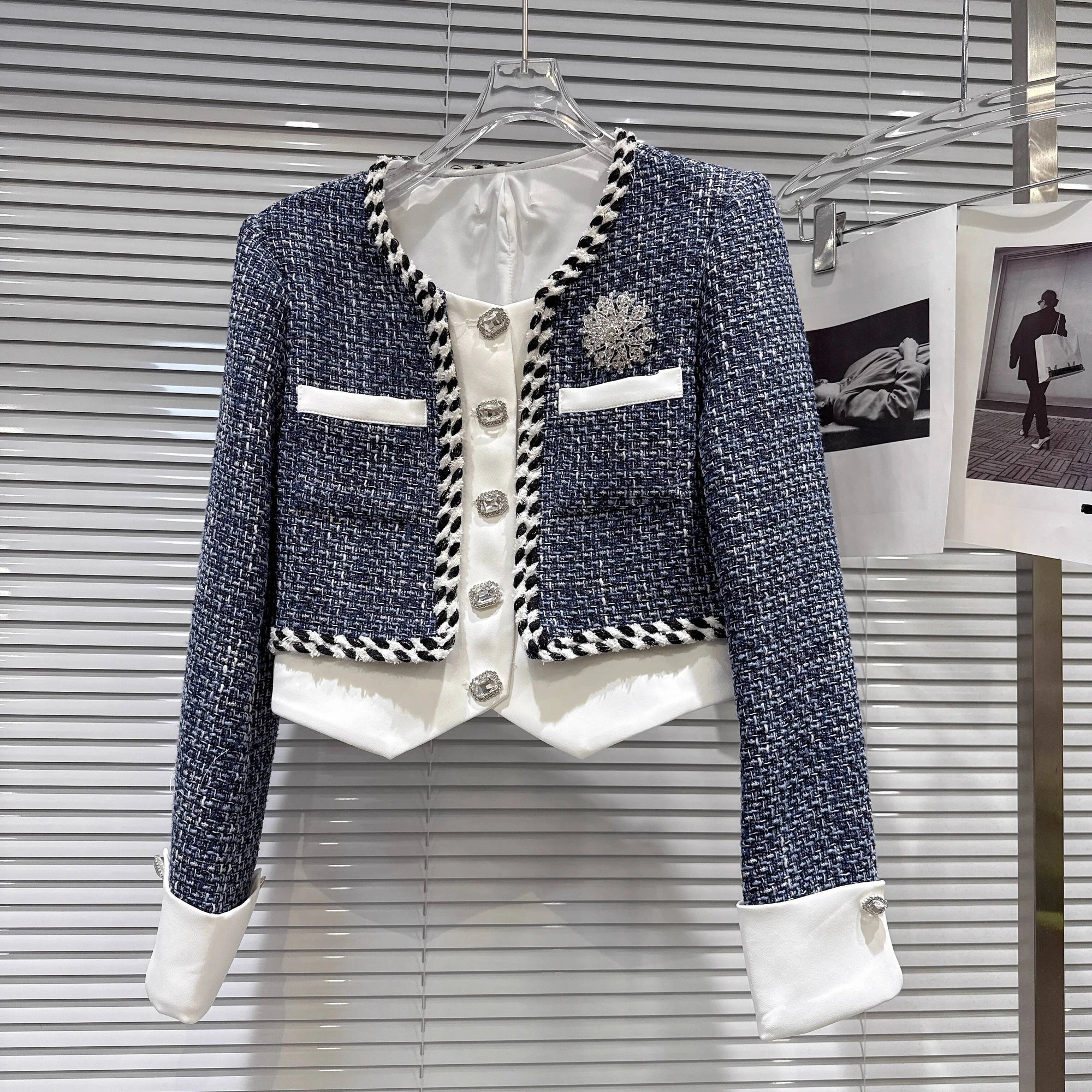 KIMLUD, DEAT 2025 Autumn New Fashion Rhinestone Pin Contrast Color Tweed Short Jacket For Women Pocket Short Skirt Female 11A06364, KIMLUD Womens Clothes