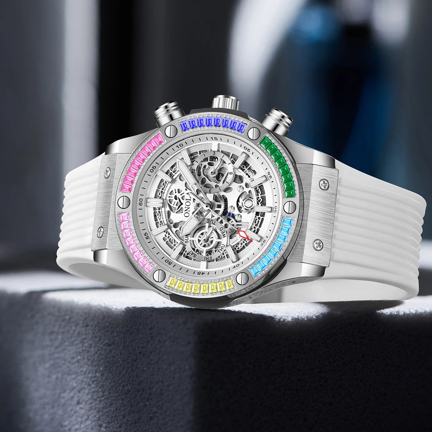 ONOLA 6855 Luxury Men Automatic Mechanical Watch High End Leisure Color Diamond Night Light Week Sports Watches for Man