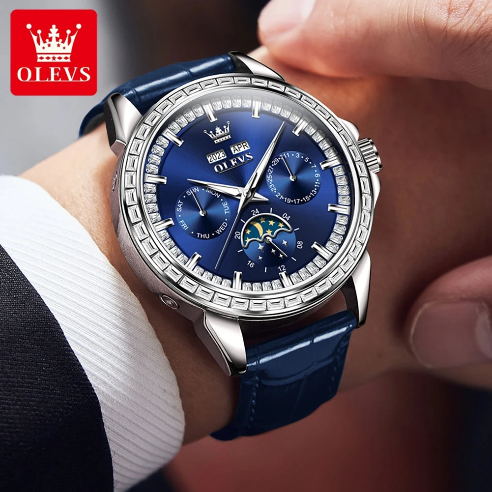 Moon Phase Leather Luxury Watch Diamond Bezel With Automatic Movement 41mm Case — Blue | KIMLUD