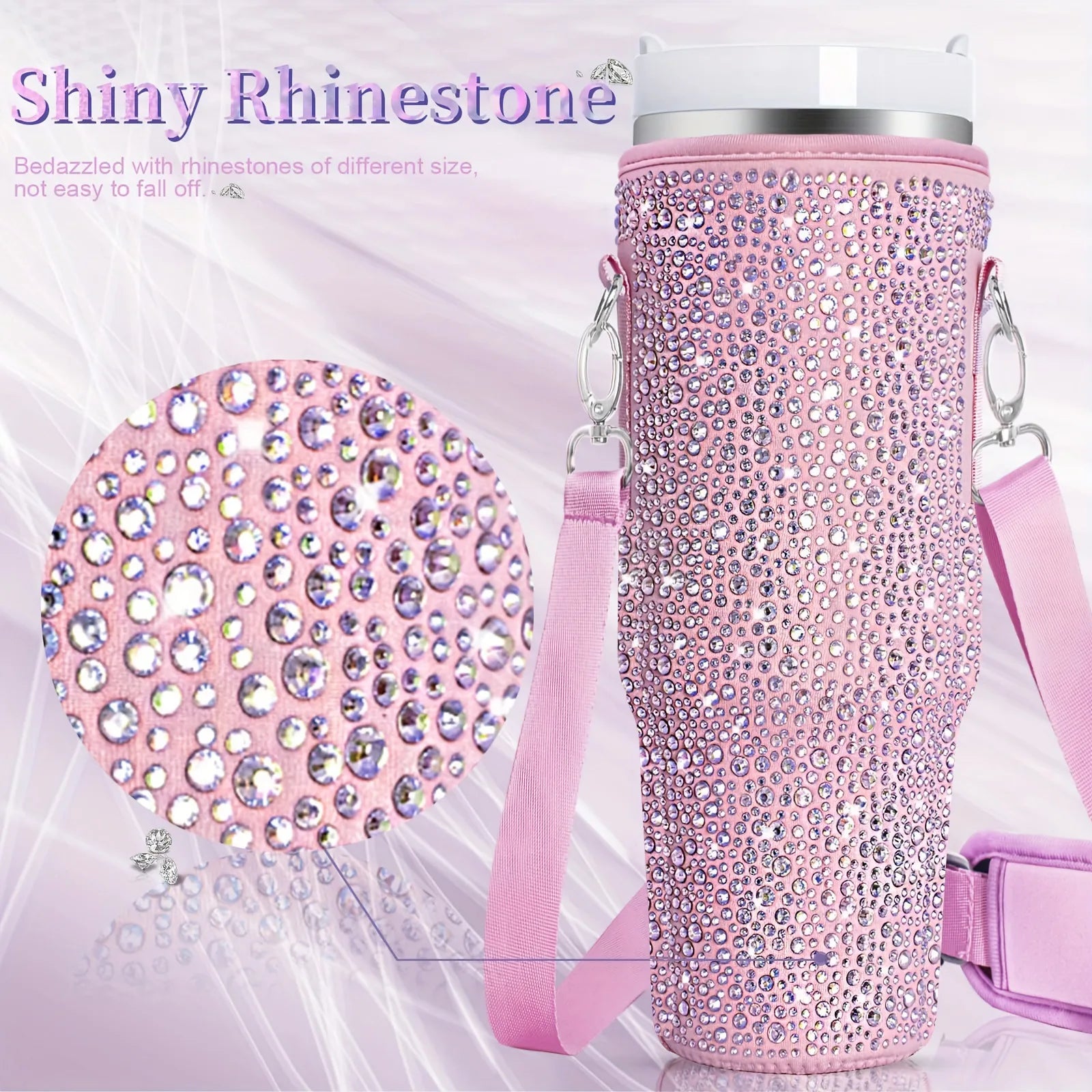 40oz bling shiny rhinestone Water Bottle Bag protecting case For Stanley Quencher Cup Sleeve Strap Pouch