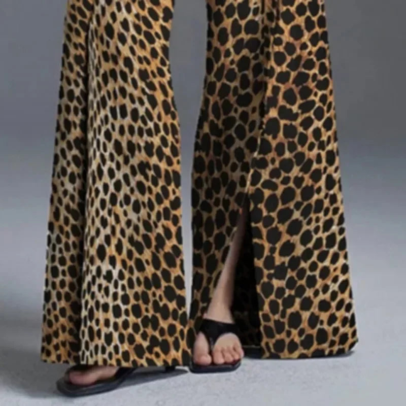 UOOZEE Women High Street Leopard Printed Pants 2025 New Arrivals Casual Loose Split-Front High-Waist Wide Leg Trousers Bottoms