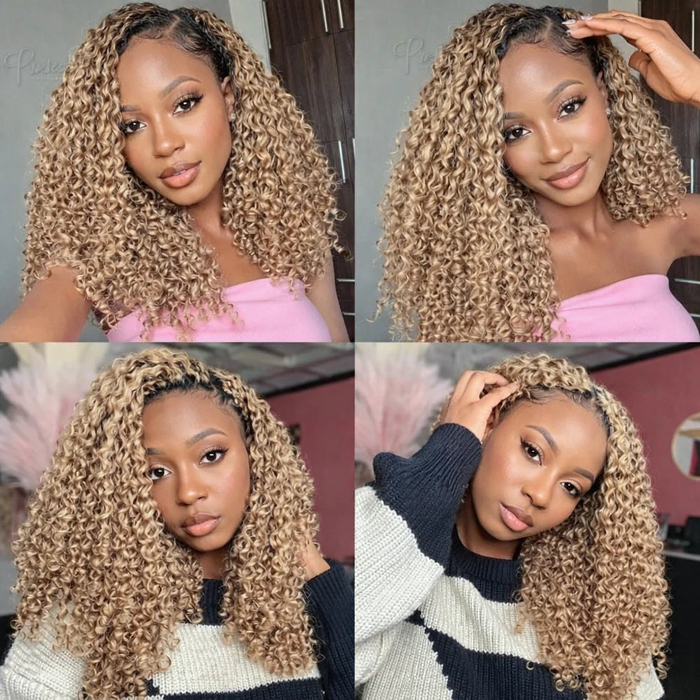 Kinky Curly Feather Crochet Hair Extensions Human Hair — Honey Blonde | KIMLUD