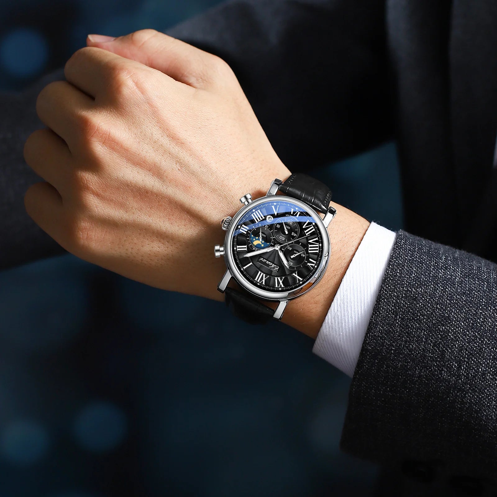 Leather Multi-Function MoonPhase Wristwatch — Black | KIMLUD