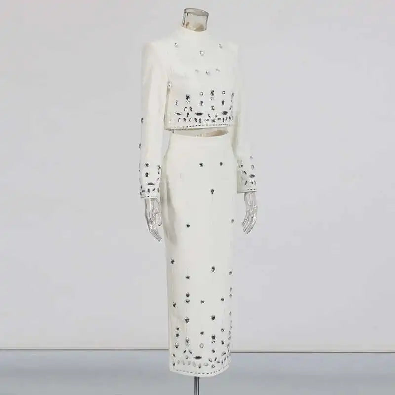 KIMLUD, TWOTWINSTYLE Solid Spliced Diamonds Two Piece Set For Women Stand Collar Long Sleeve Tops High Waist A Line Skirt Set Female New, KIMLUD Womens Clothes