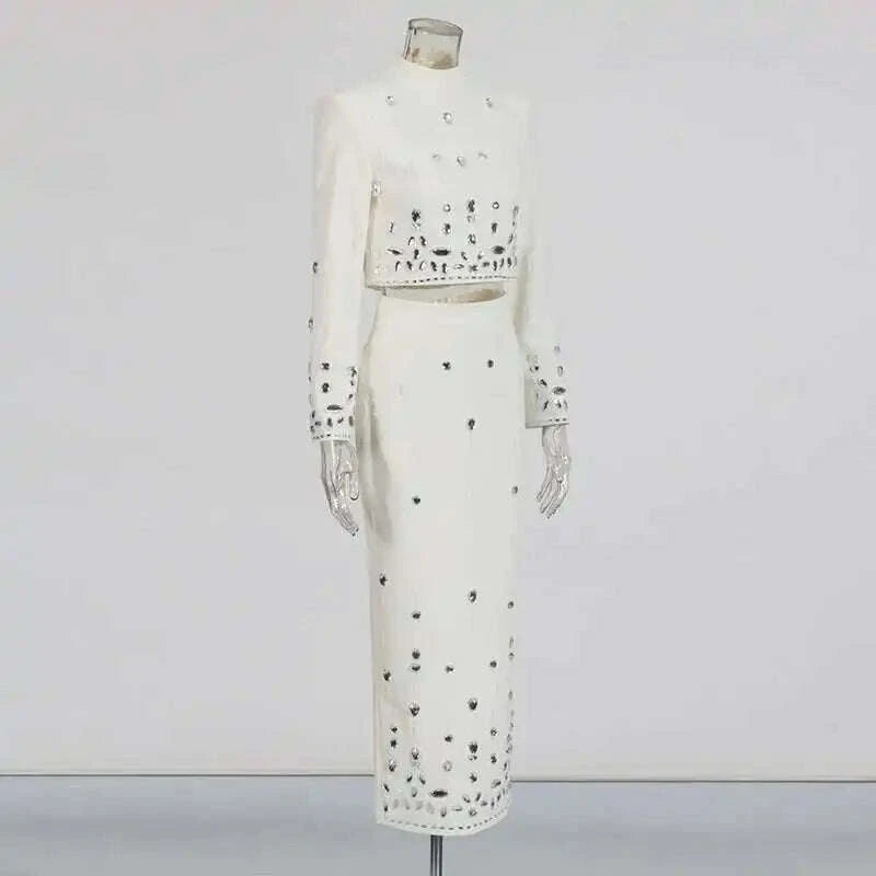 KIMLUD, TWOTWINSTYLE Solid Spliced Diamonds Two Piece Set For Women Stand Collar Long Sleeve Tops High Waist A Line Skirt Set Female New, KIMLUD Womens Clothes