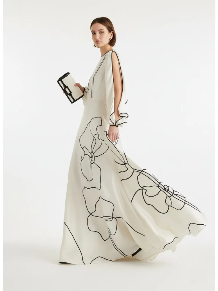 2026 New Women's Printed Maxi Dress Round Neck Ruffle Sleeves High Waist Pleated Party Dress Female Stylish A-line Dresses