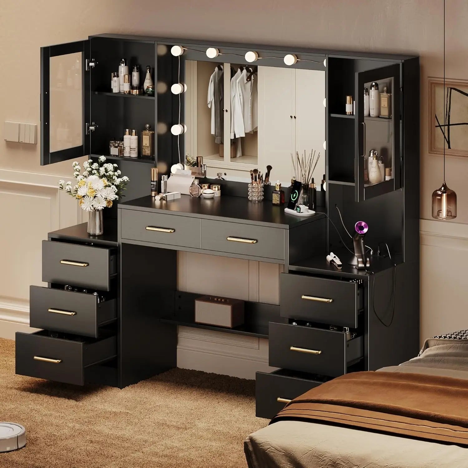 Matte Black Makeup Vanity Desk With Mirror And Lights — Black | KIMLUD