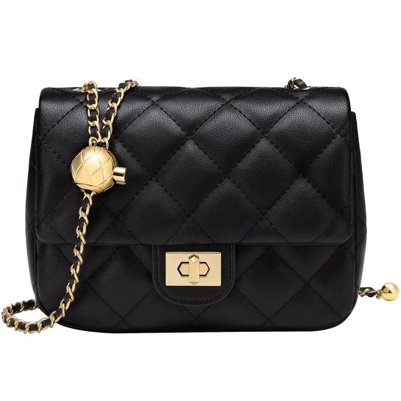 Leather Chain Crossbody Bag With Structured Small Square Silhouette And Polished Hardware — Black | KIMLUD