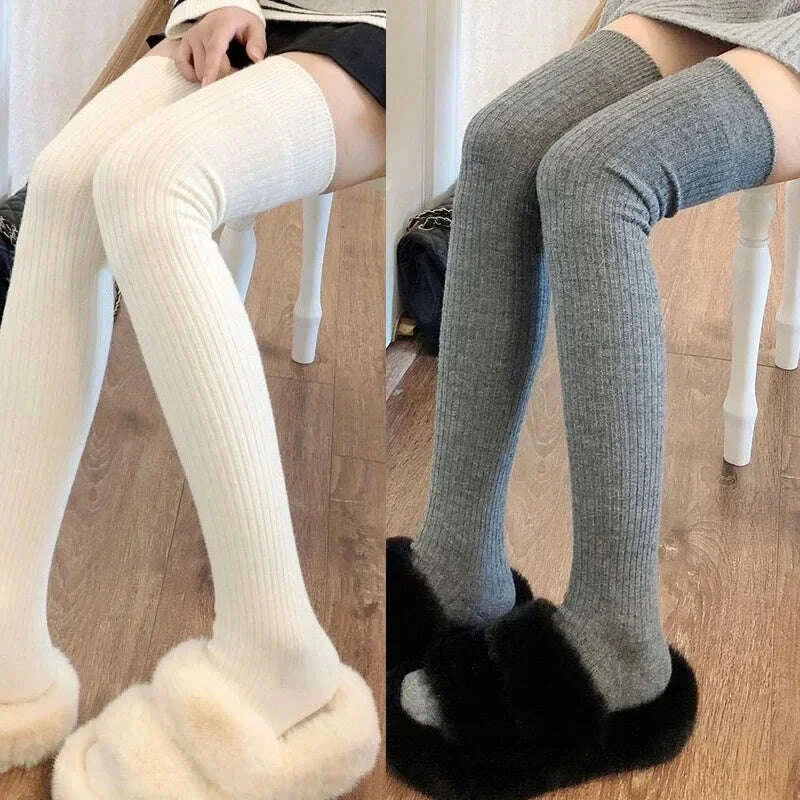 KIMLUD, Spring Fall Knee High Stockings for Women White Vertical Stripe Long Socks Fashion Girls JK Skinny Boots Sock Japanese Style, KIMLUD Womens Clothes