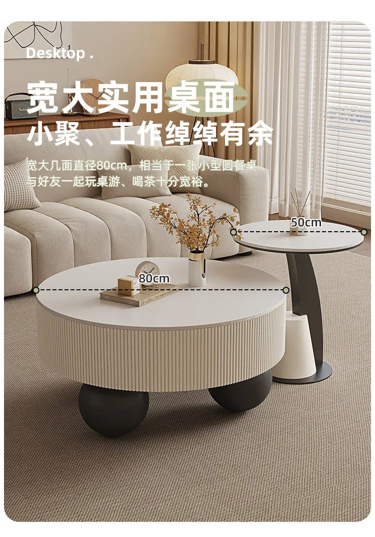 Minimalist Round Coffee Table With Storage Drawers — Ivory White | KIMLUD